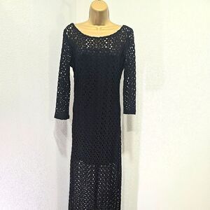 Black Crochet Maxi Dress Med Open Knit Lined Y2K Boho Festival Resort Whimsigoth